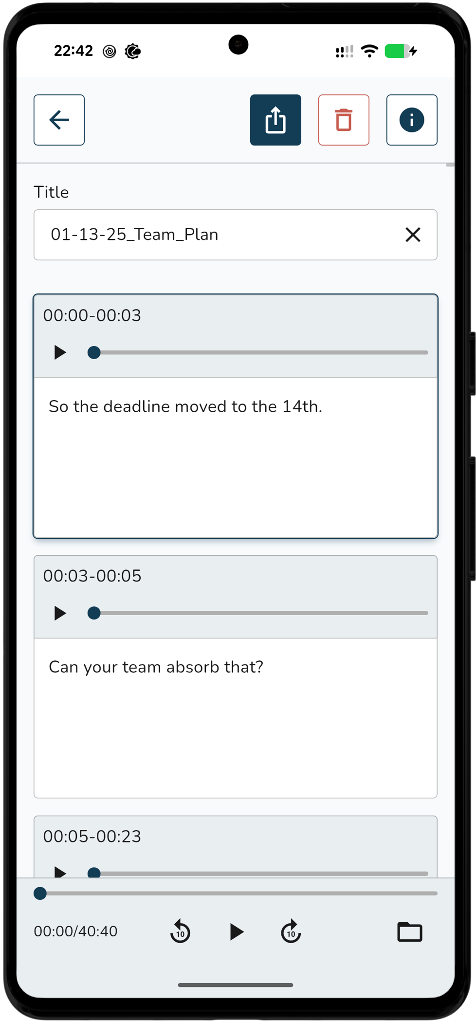 Snug Transcribe transcript on a phone